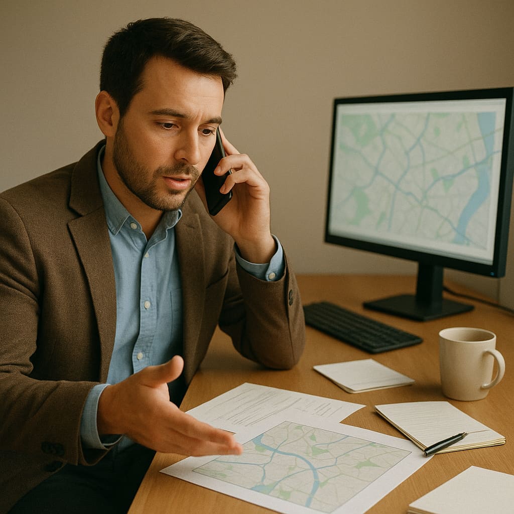 Transportberaterin am Telefon mit Unterlagen und Routenansicht am Arbeitsplatz