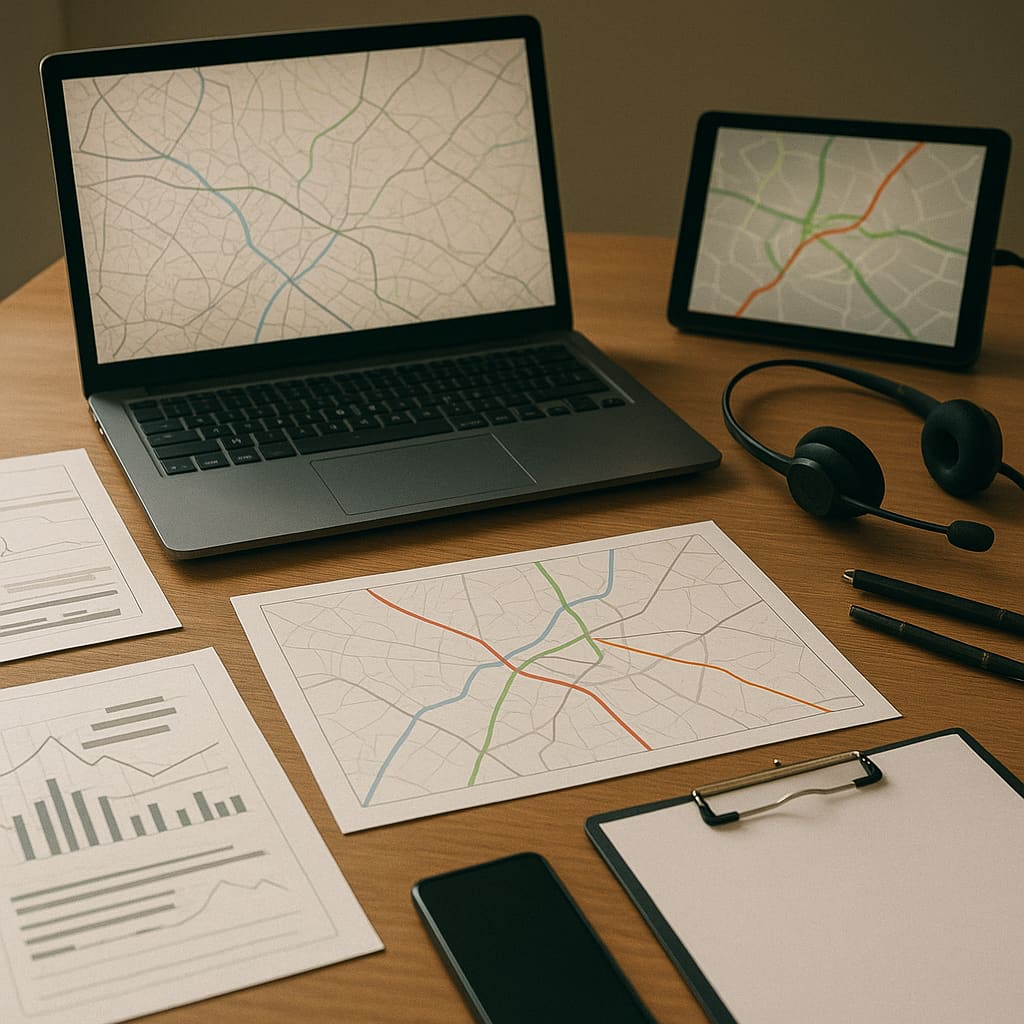 Arbeitsplatz für Flottensteuerung mit digitalen Routenplänen und Transportunterlagen